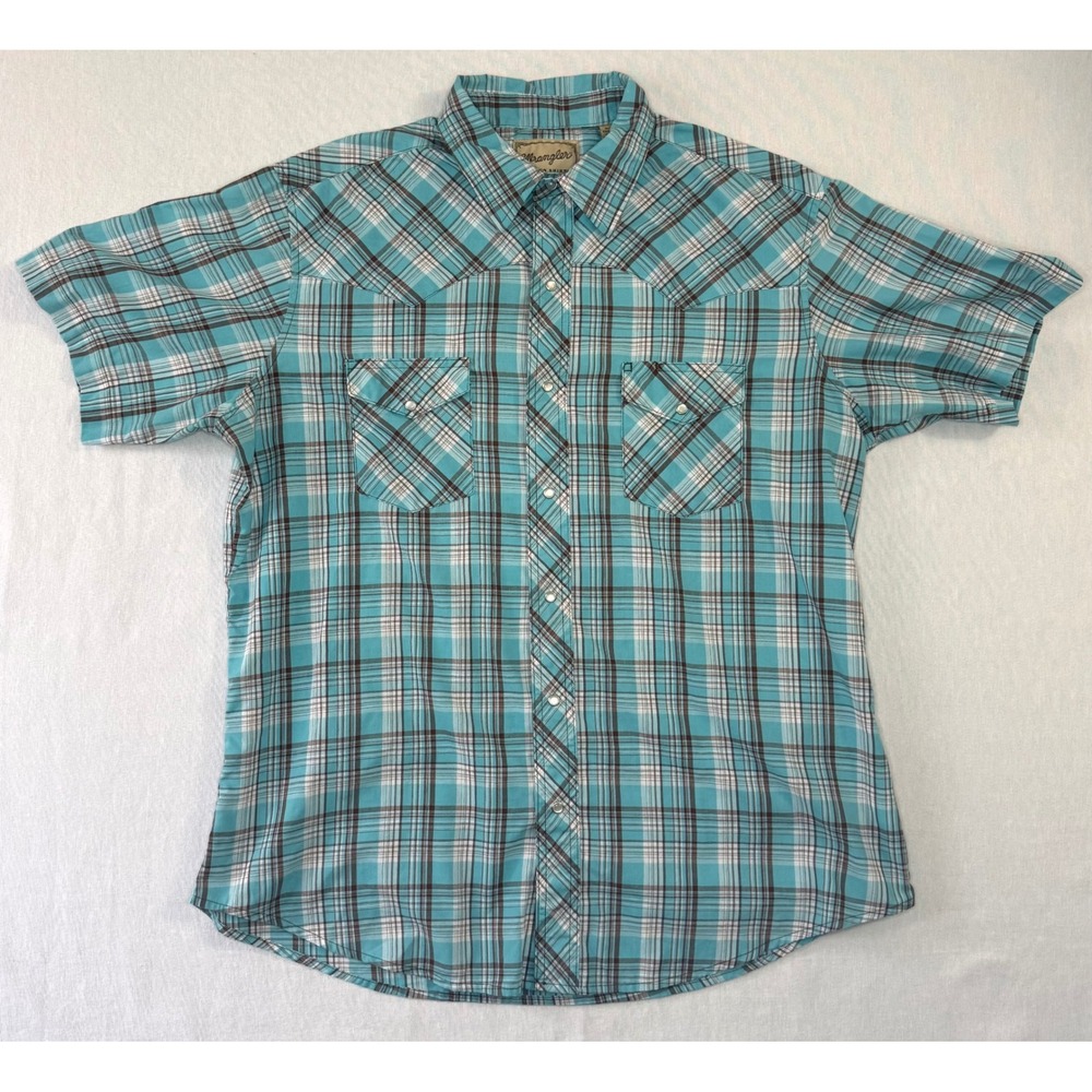 Wrangler Western Shirt Mens XL Turquoise Blue Plaid Pearl Snap Short Sleeve